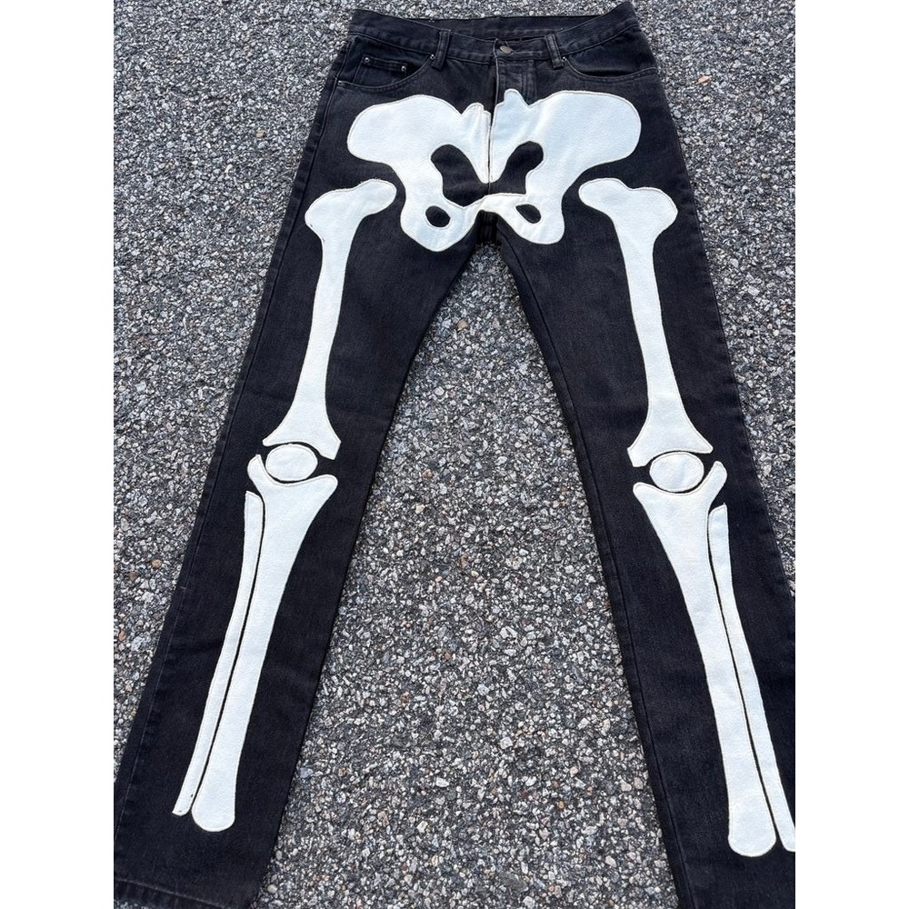 MNML Skeleton Bone Applique Jeans Washed Black Denim Streetwear Mens Pants
